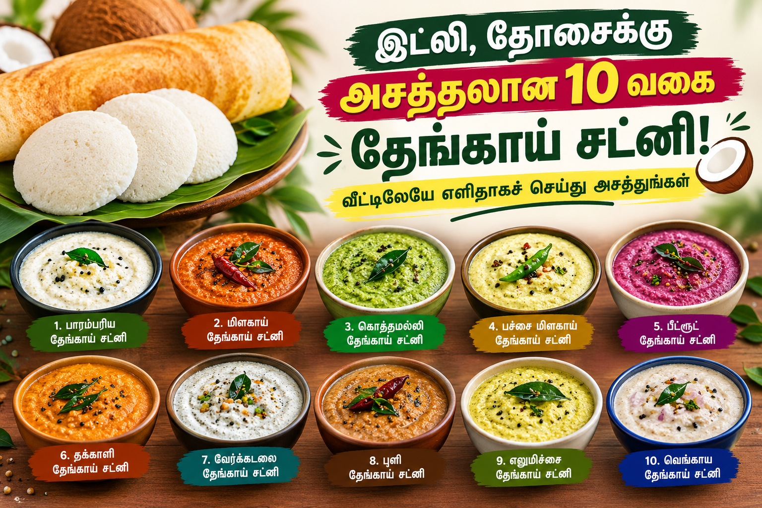 இட்லி, தோசைக்கு அசத்தலான 10 வகை தேங்காய் சட்னி! வீட்டிலேயே எளிதாகச் செய்து அசத்துங்கள்
